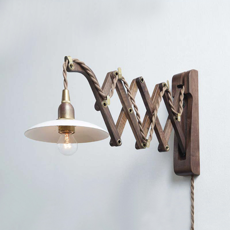 Wood Bracket SCISSOR WALNUT + PIENI IRON SHADE CIRCLE WHITE E14 WITH PLUG SET